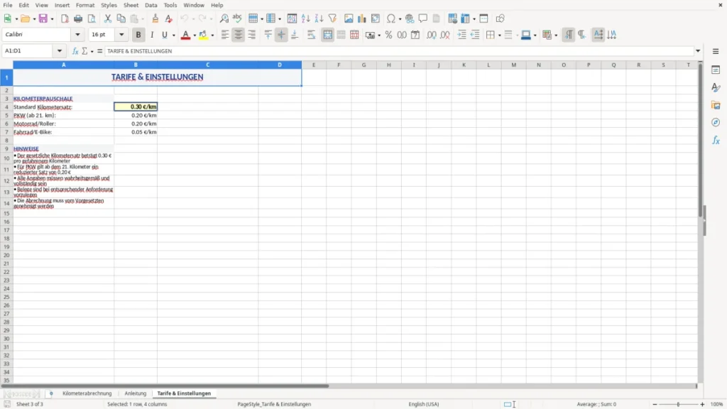 Tarife & Einstellungen – KM-Geld Abrechnung: Excel Vorlage kostenlos