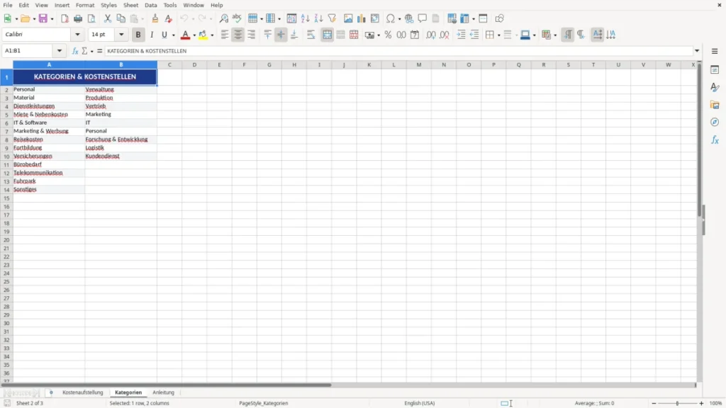 Kategorien – Kostenaufstellung Excel-Vorlage kostenlos | Profi-Template
