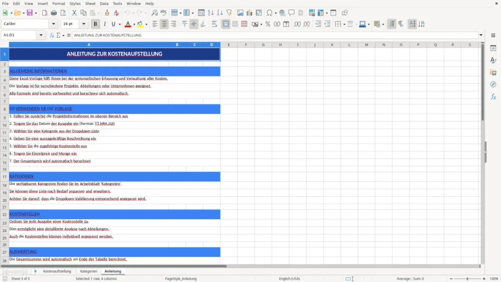 Anleitung – Kostenaufstellung Excel-Vorlage kostenlos | Profi-Template