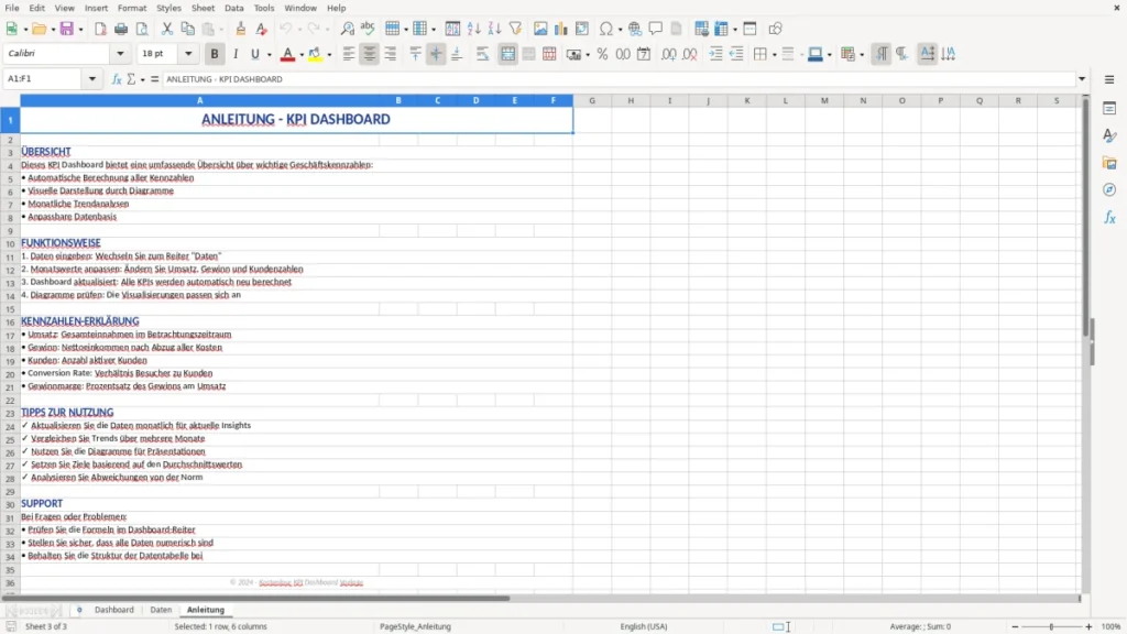 Anleitung – KPI Dashboard Excel Vorlage – kostenlos & professionell