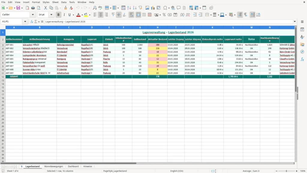 Lagerbestand – Lagerverwaltung Excel Vorlage (2026)