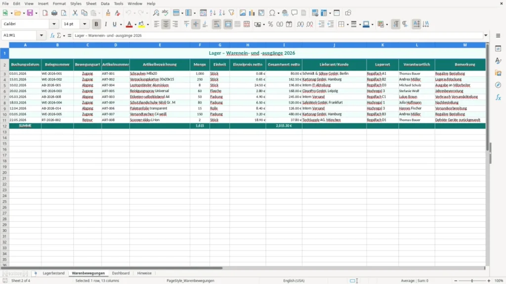 Warenbewegungen – Lagerverwaltung Excel Vorlage (2026)