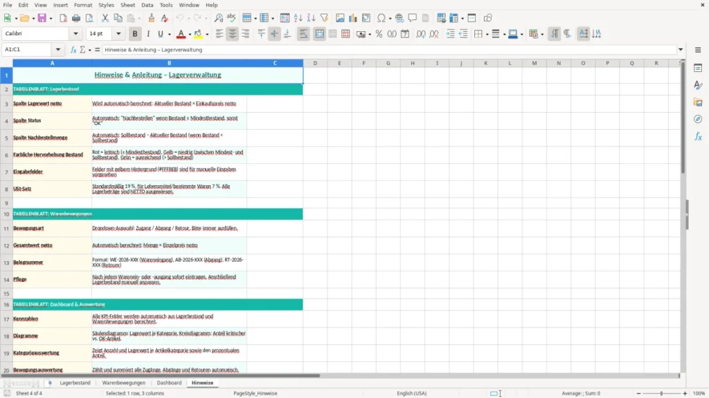 Hinweise – Lagerverwaltung Excel Vorlage (2026)