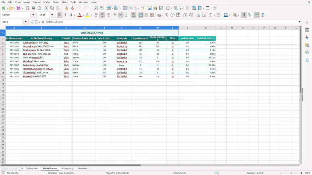 Artikelstamm – Lieferschein Excel – Kostenlose Vorlage (2026)
