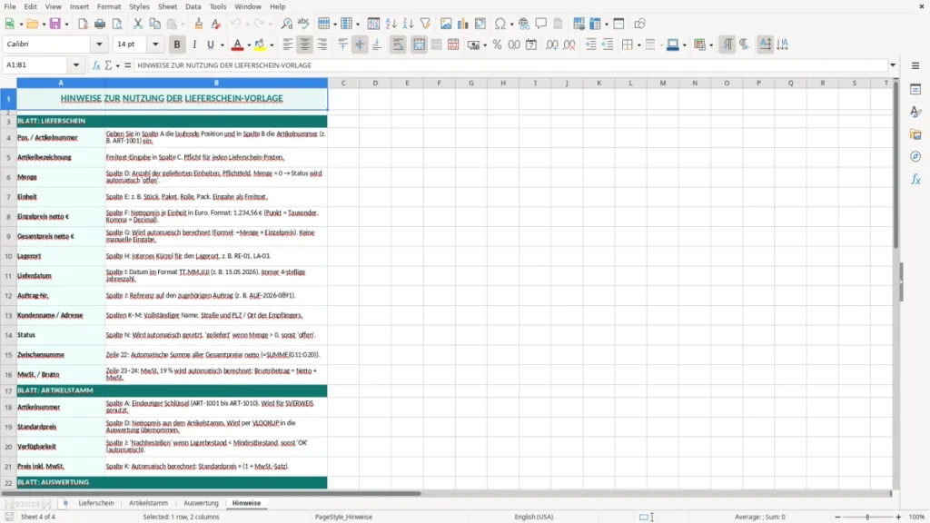 Hinweise – Lieferschein Excel – Kostenlose Vorlage (2026)