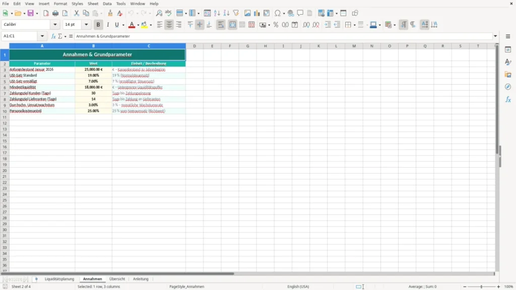 Annahmen – Liquiditätsplanung Excel – Vorlage (2026)