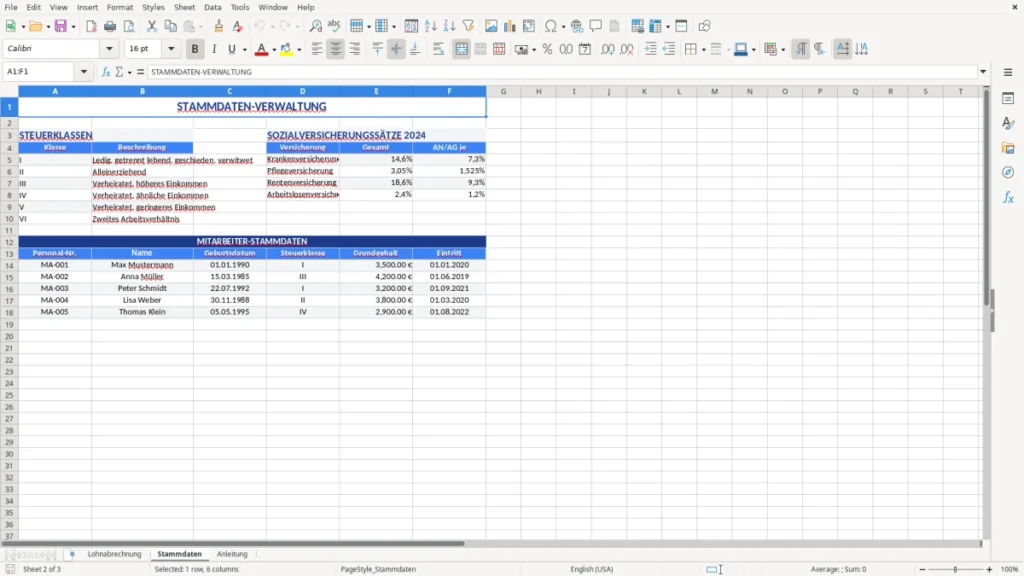 Stammdaten – Lohnabrechnung erstellen kostenlos – Excel Vorlage