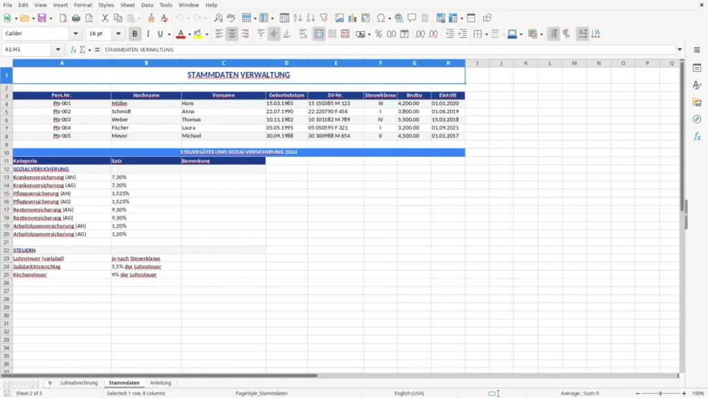 Stammdaten – Lohnabrechnung Muster – DATEV Excel Vorlage