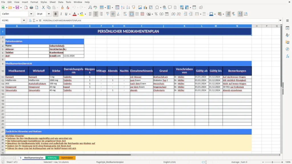 Medikamentenplan – Medikamentenplan Excel Vorlage – sicher & übersichtlich
