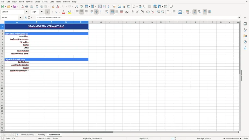 Stammdaten – Mietaufstellung Vorlage Excel – übersichtlich & sicher