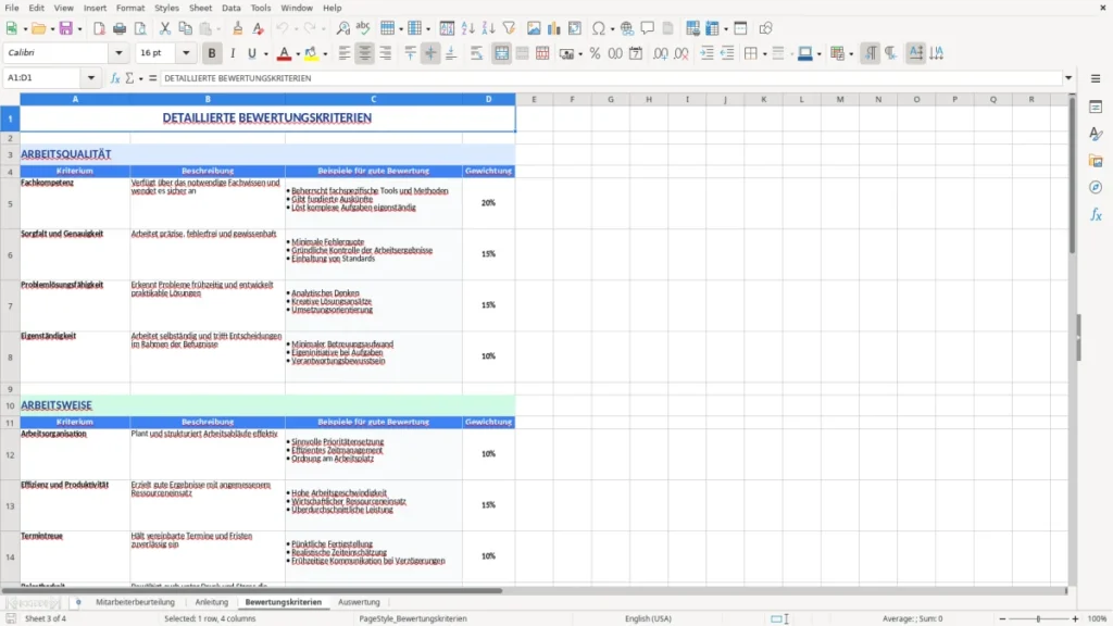 Bewertungskriterien – Mitarbeiterbeurteilung Excel Vorlage – kostenlos