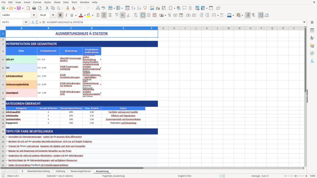 Auswertung – Mitarbeiterbeurteilung Excel Vorlage – kostenlos