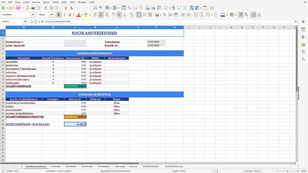 Nachlassverzeichnis Muster Excel – fertig & verständlich