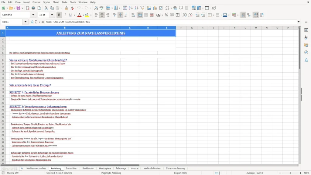 Nachlassverzeichnis Muster Excel – fertig & verständlich