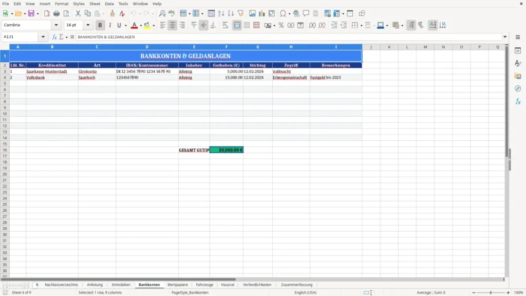 Nachlassverzeichnis Muster Excel – fertig & verständlich