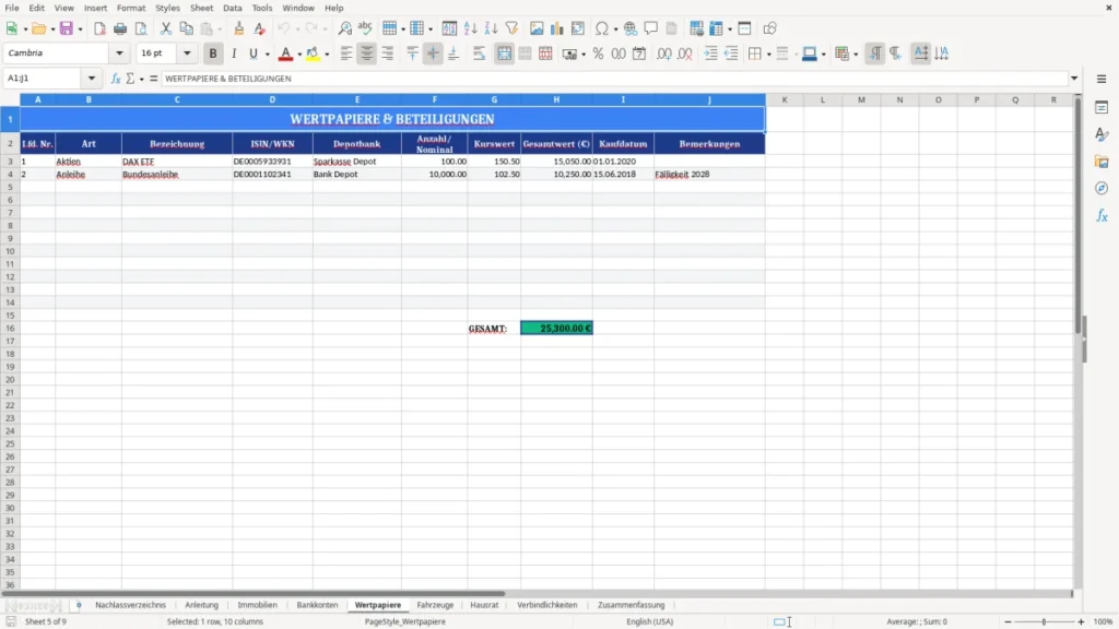 Nachlassverzeichnis Muster Excel – fertig & verständlich