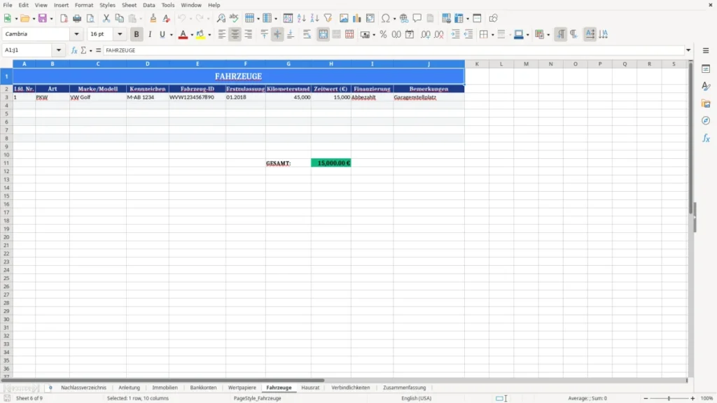 Fahrzeuge – Nachlassverzeichnis Muster Excel – fertig & verständlich