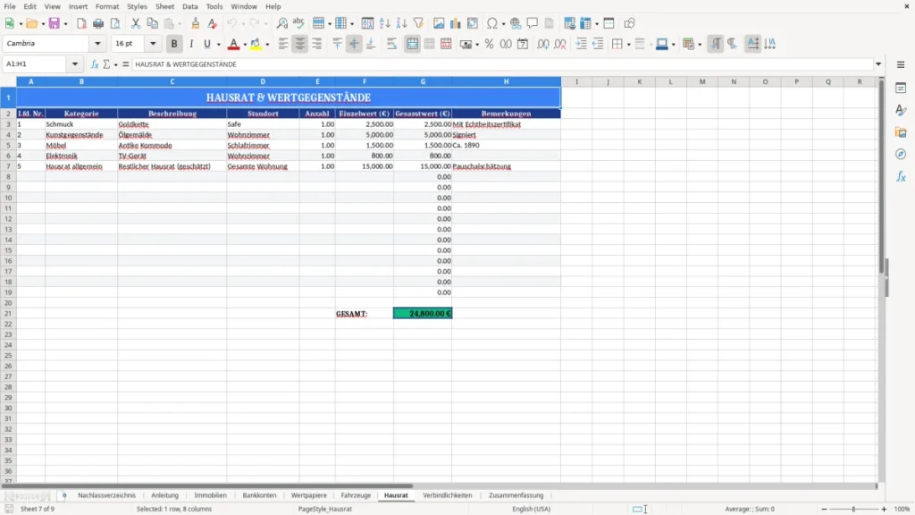Nachlassverzeichnis Muster Excel – fertig & verständlich
