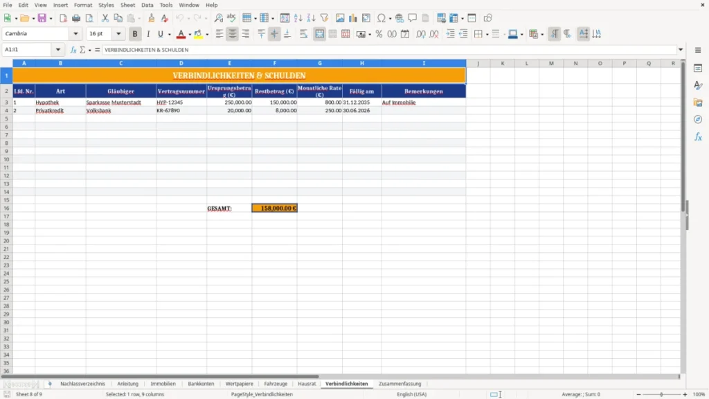 Nachlassverzeichnis Muster Excel – fertig & verständlich