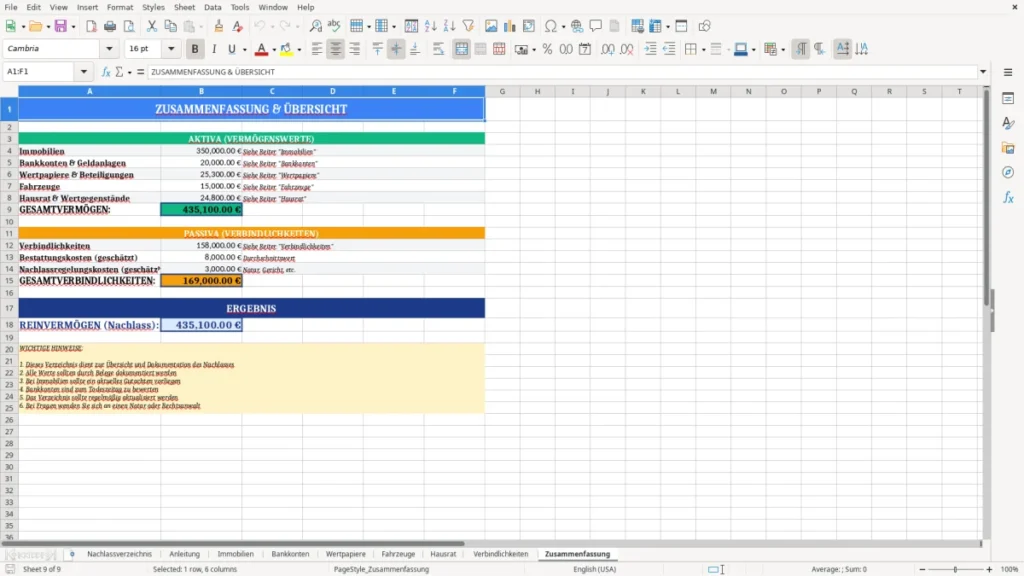 Nachlassverzeichnis Muster Excel – fertig & verständlich