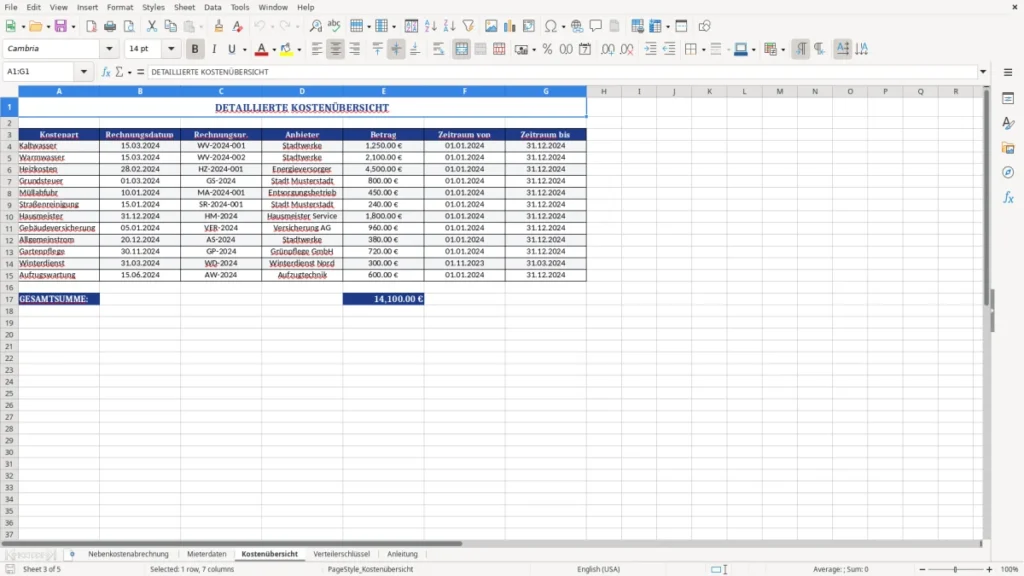 Kostenübersicht – Nebenkostenabrechnung Vorlage Excel – rechtssicher & smart