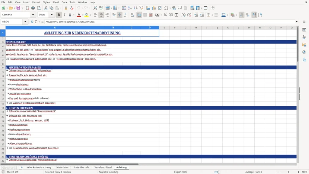 Anleitung – Nebenkostenabrechnung Vorlage Excel – rechtssicher & smart