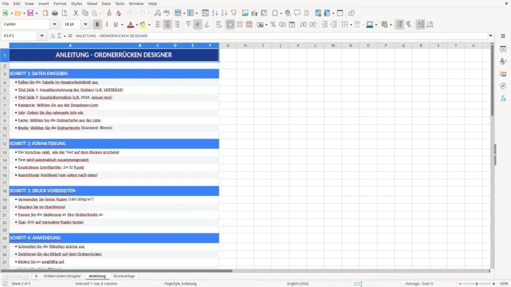 Anleitung – Ordnerrücken Vorlage Excel – schnell drucken