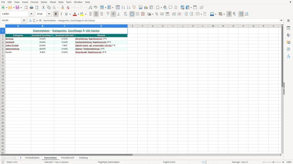 Stammdaten – Preiskalkulation Excel Vorlage (2026)