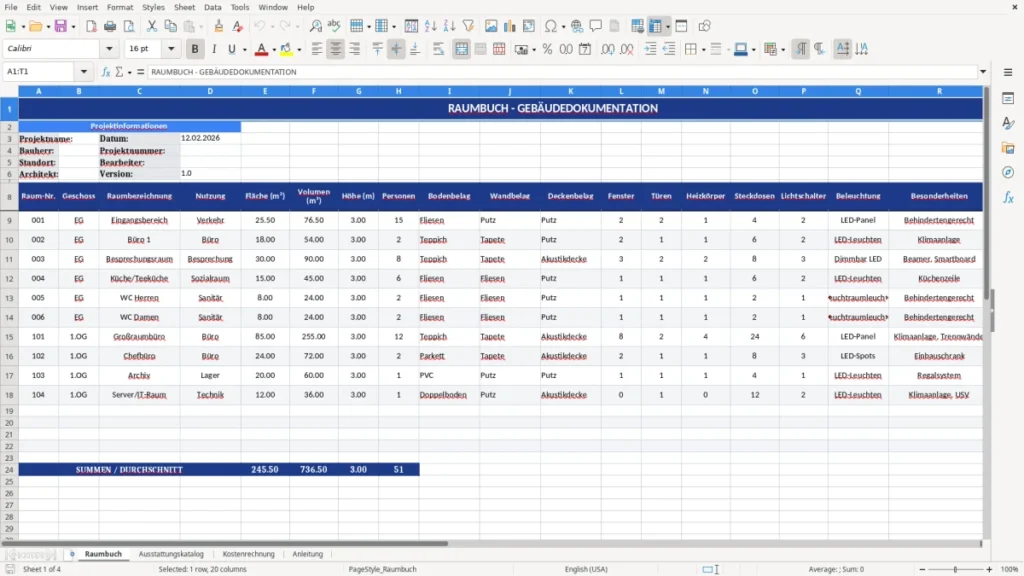 Raumbuch – Raumbuch Vorlage Excel – Profi-Template mit Logik