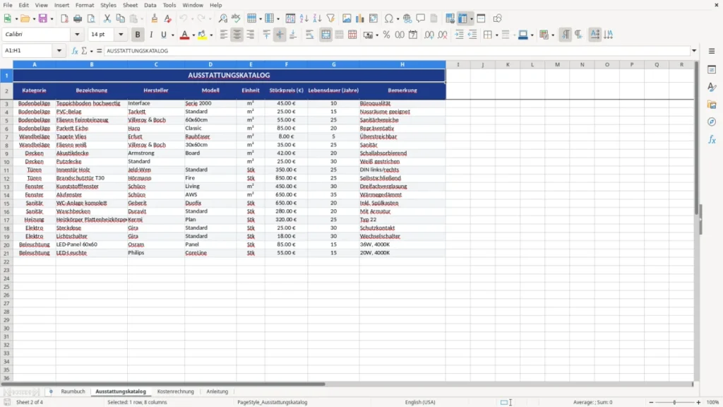 Ausstattungskatalog – Raumbuch Vorlage Excel – Profi-Template mit Logik