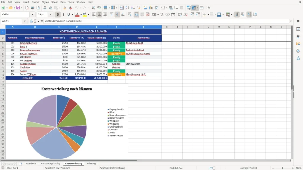 Kostenrechnung – Raumbuch Vorlage Excel – Profi-Template mit Logik