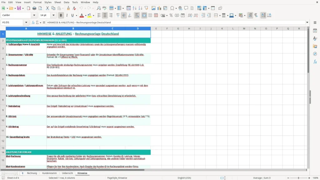 Hinweise – Rechnung Excel – Kostenlose Vorlage (2026)