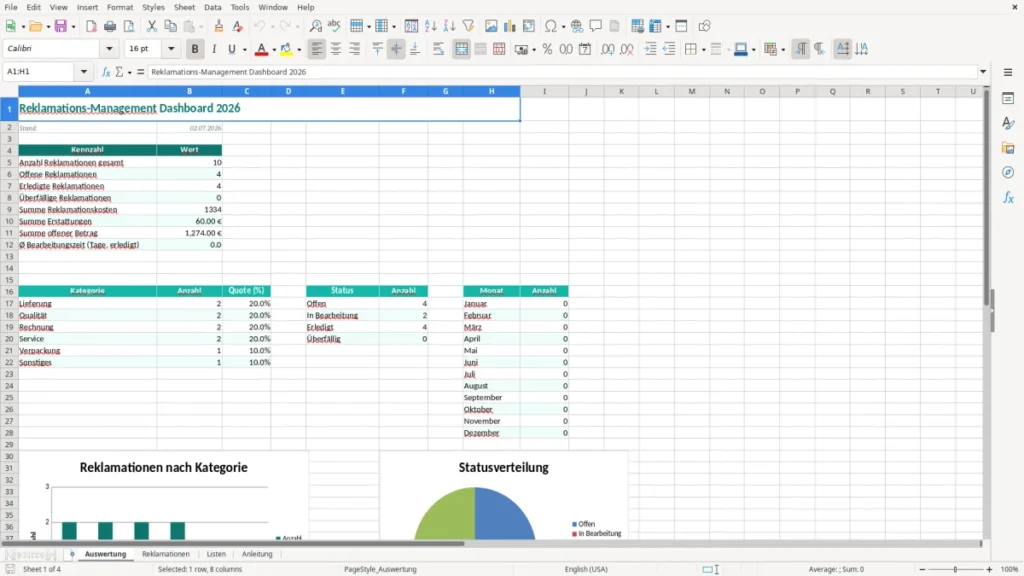 Auswertung – Reklamationserfassung Excel – Vorlage (2026)