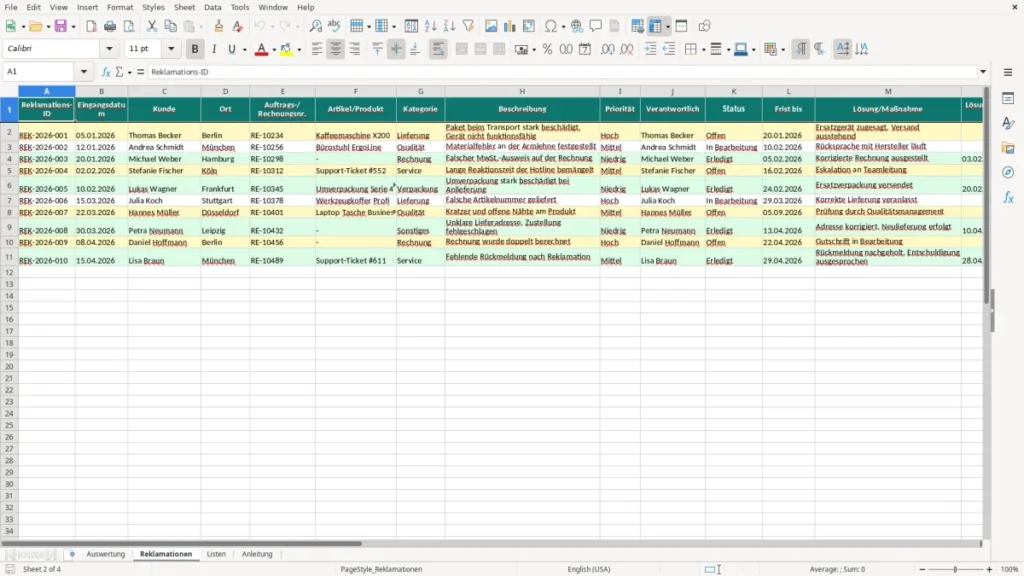 Reklamationen – Reklamationserfassung Excel – Vorlage (2026)