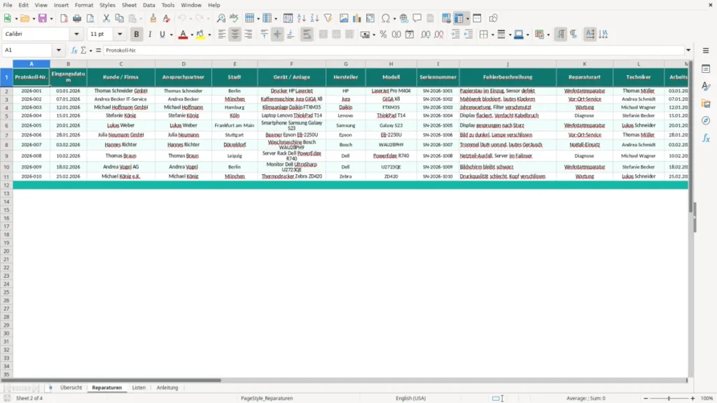 Reparaturen – Reparaturprotokoll Excel Vorlage (2026)
