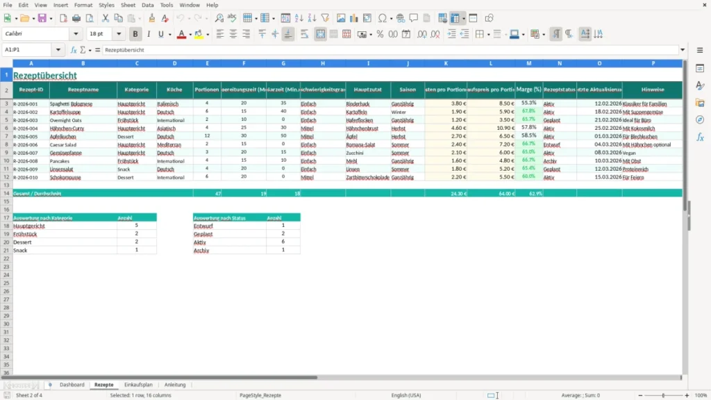 Rezepte – Rezeptverwaltung Excel – Vorlage (2026)