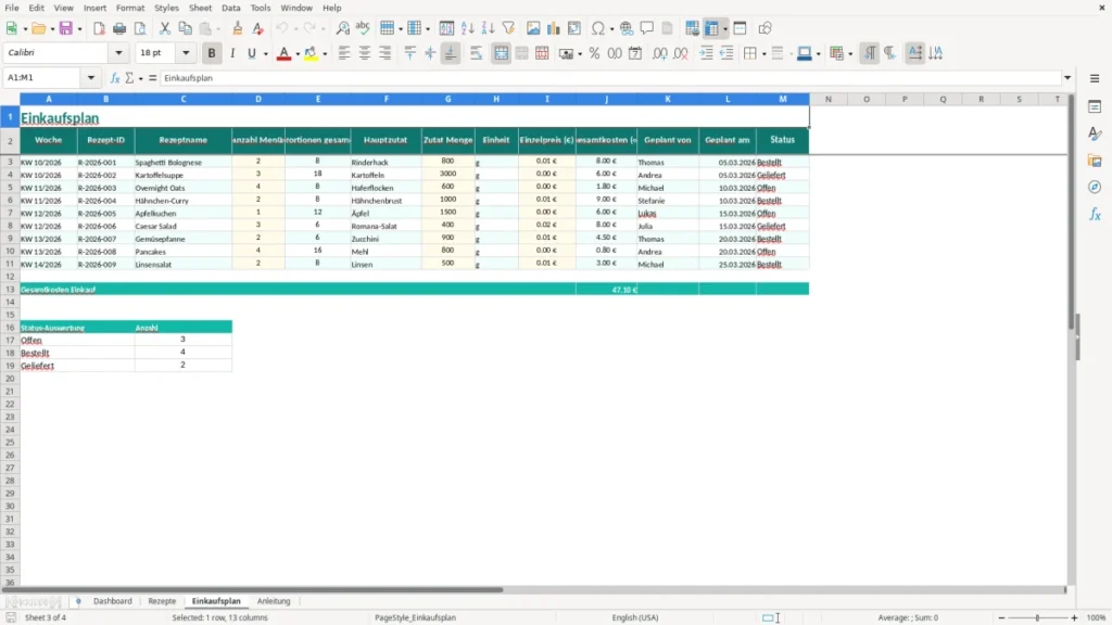 Einkaufsplan – Rezeptverwaltung Excel – Vorlage (2026)