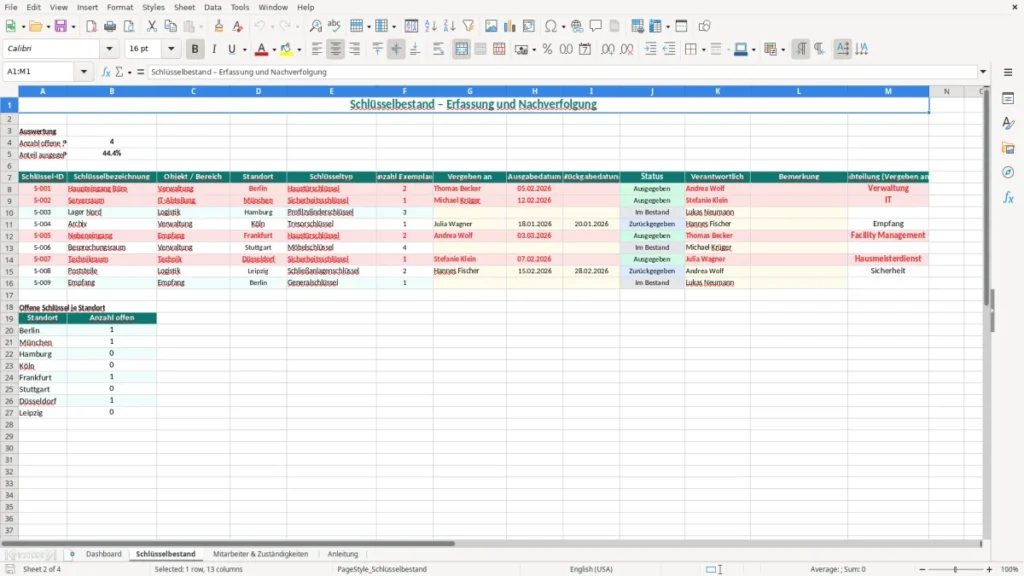 Schlüsselbestand – Schlüsselverwaltung Excel Vorlage (2026)