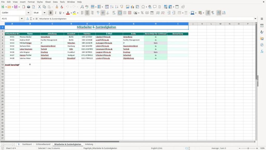 Mitarbeiter & Zuständigkeiten – Schlüsselverwaltung Excel Vorlage (2026)