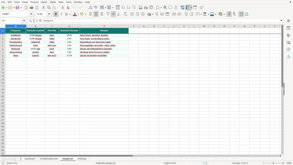 Kategorien – Schulden Auflistung Excel Vorlage (2026)