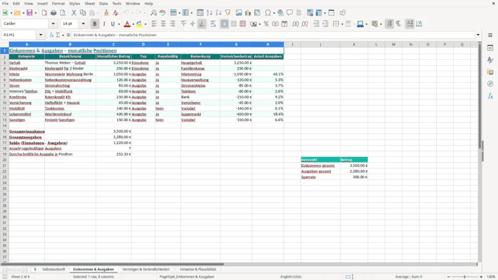 Einkommen & Ausgaben – Selbstauskunft Bank Excel Vorlage (2026)
