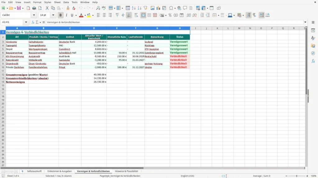 Vermögen & Verbindlichkeiten – Selbstauskunft Bank Excel Vorlage (2026)