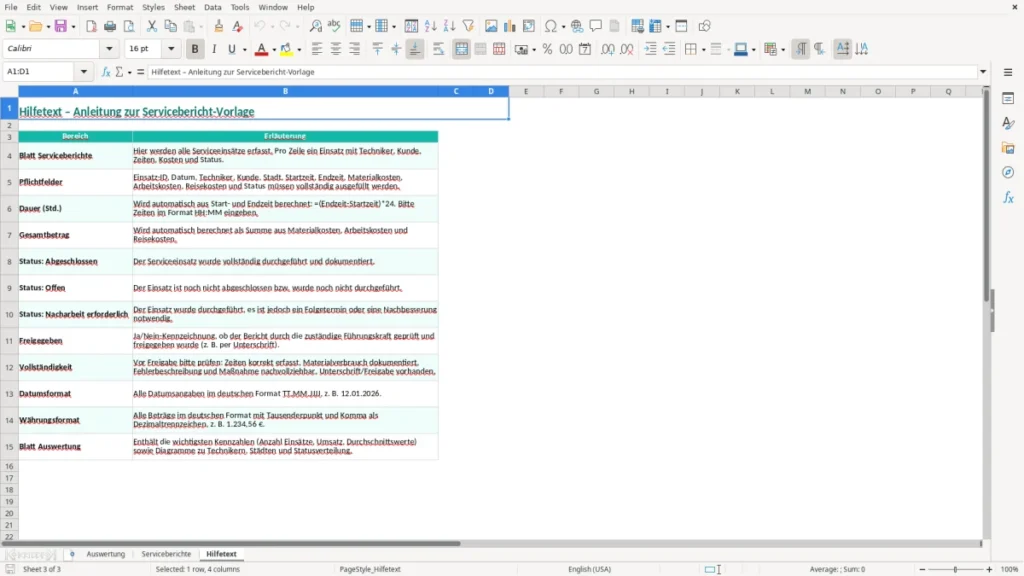 Hilfetext – Servicebericht Excel Vorlage (2026)