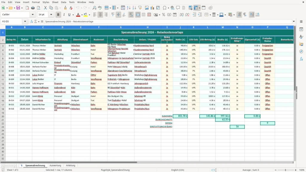 Spesenabrechnung – Spesenabrechnung Excel – Kostenlose Vorlage (2026)