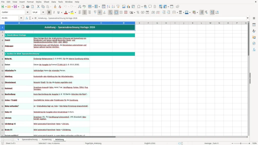 Anleitung – Spesenabrechnung Excel – Kostenlose Vorlage (2026)
