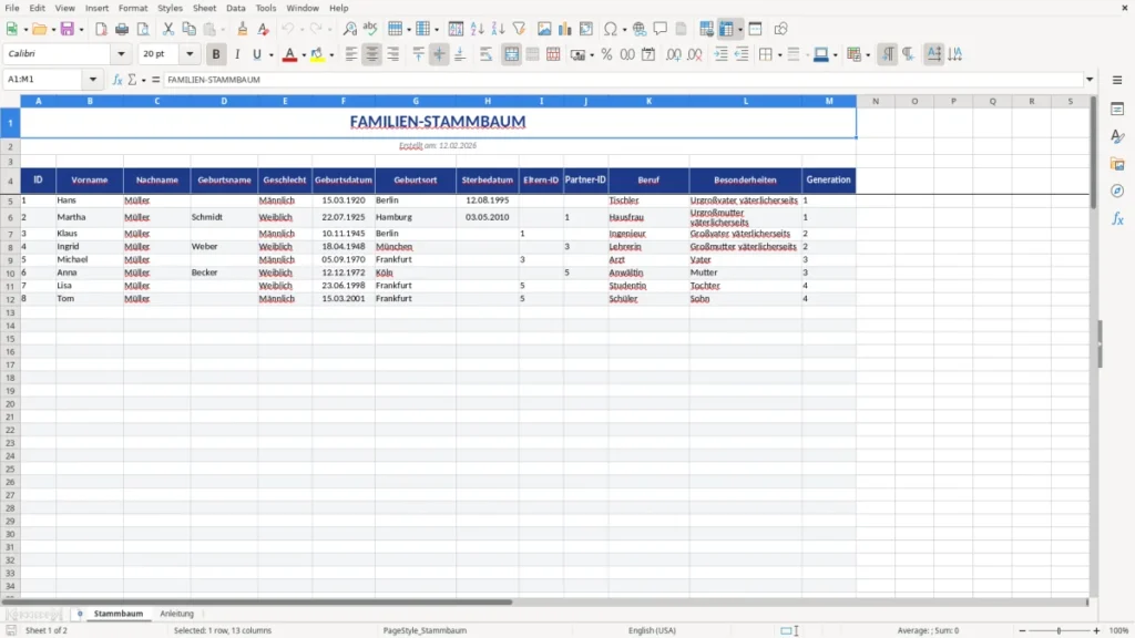 Stammbaum – Stammbaum Vorlage Excel – Ahnen übersichtlich dokumentieren