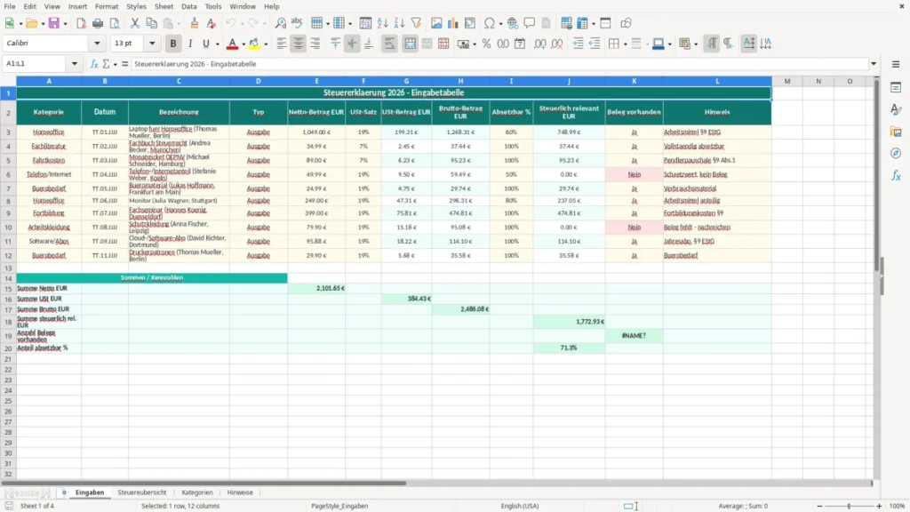 Eingaben – Steuererklärung Excel – Kostenlose Vorlage (2026)