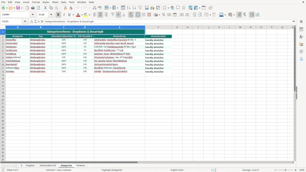 Kategorien – Steuererklärung Excel – Kostenlose Vorlage (2026)
