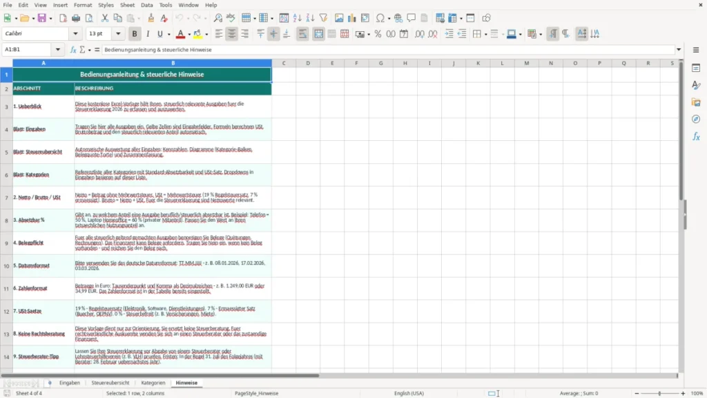 Hinweise – Steuererklärung Excel – Kostenlose Vorlage (2026)