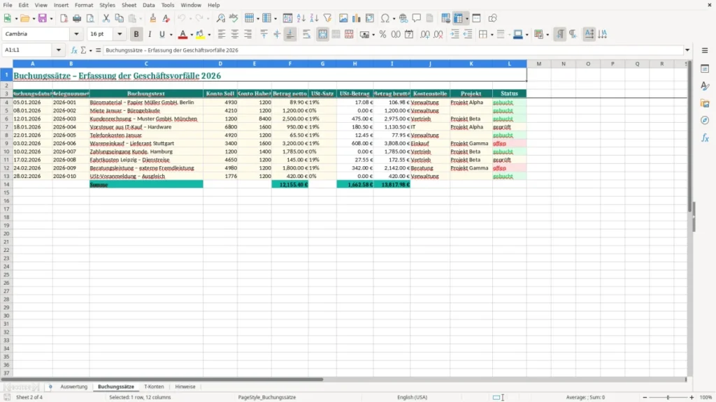 Buchungssätze – T-Konten Excel – Vorlage (2026)